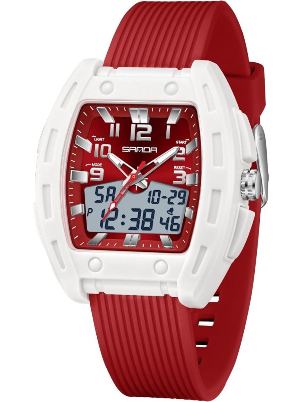 Women's Red Digital Analog Sports Unique Rectangle Waterproof Wrist Watches